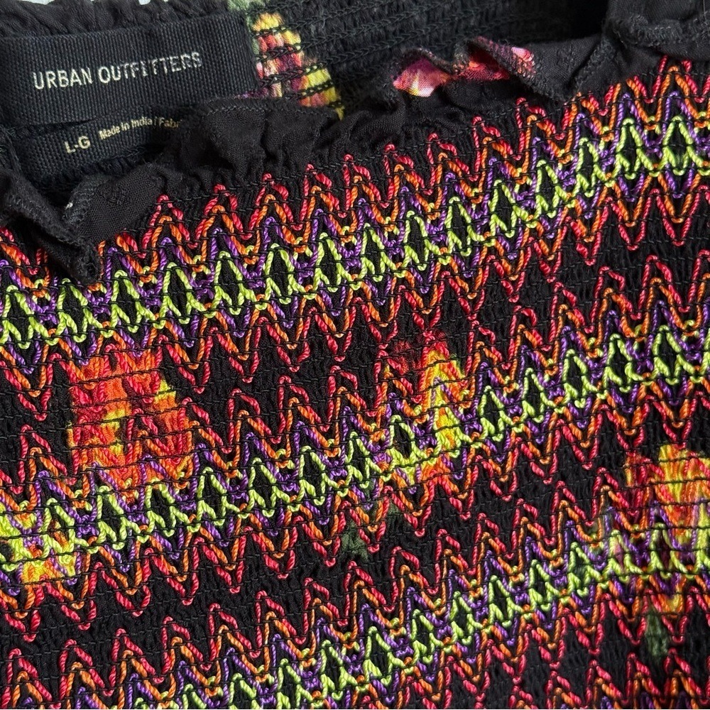 Urban Outfitters Black Floral Smocked Square Neck Long Sleeve Mini Dress L - Picture 3 of 6
